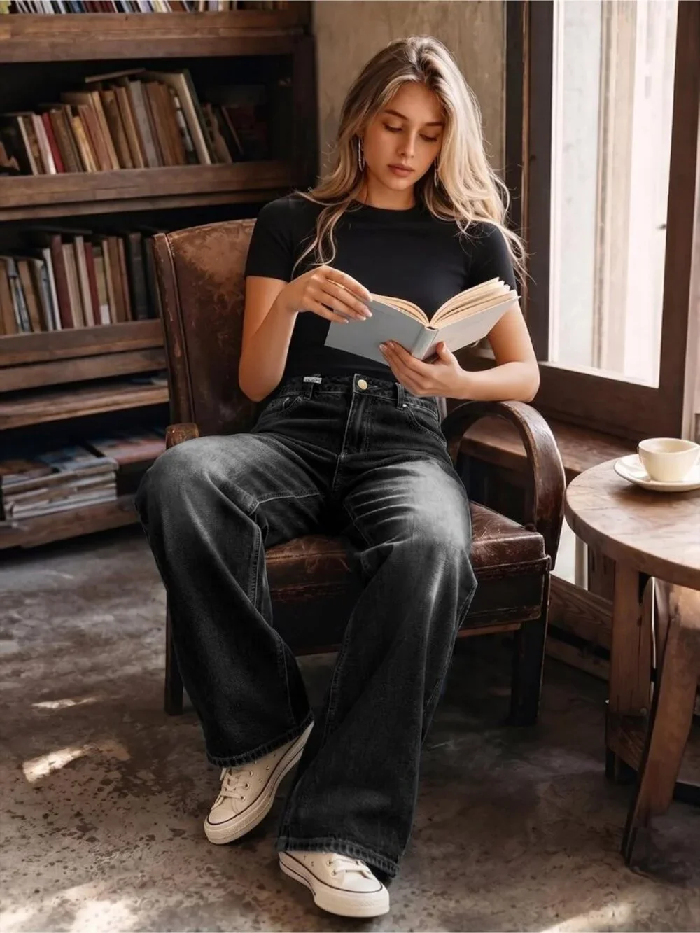 Women's Black Denim Y2k Straight Leg Button Zipper High Waisted Baggy Jeans